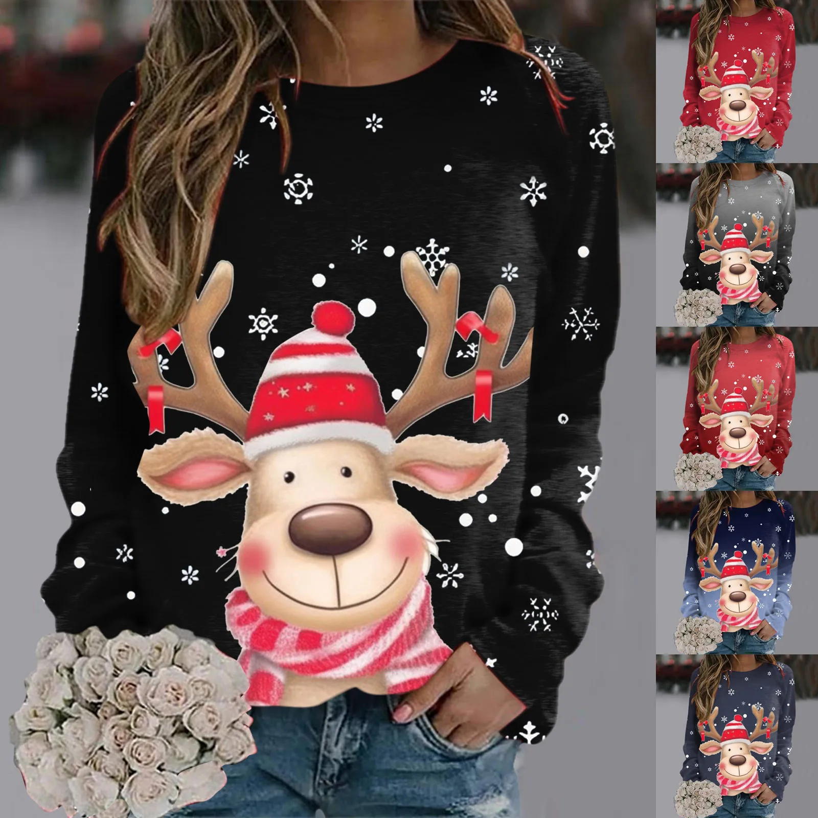 

Womens Comfort Christmas Sweatshirts Xmas Elk Print O Neck Pullover Tops Long Sleeve Workout Shirts Loose Fit Sweatshirts