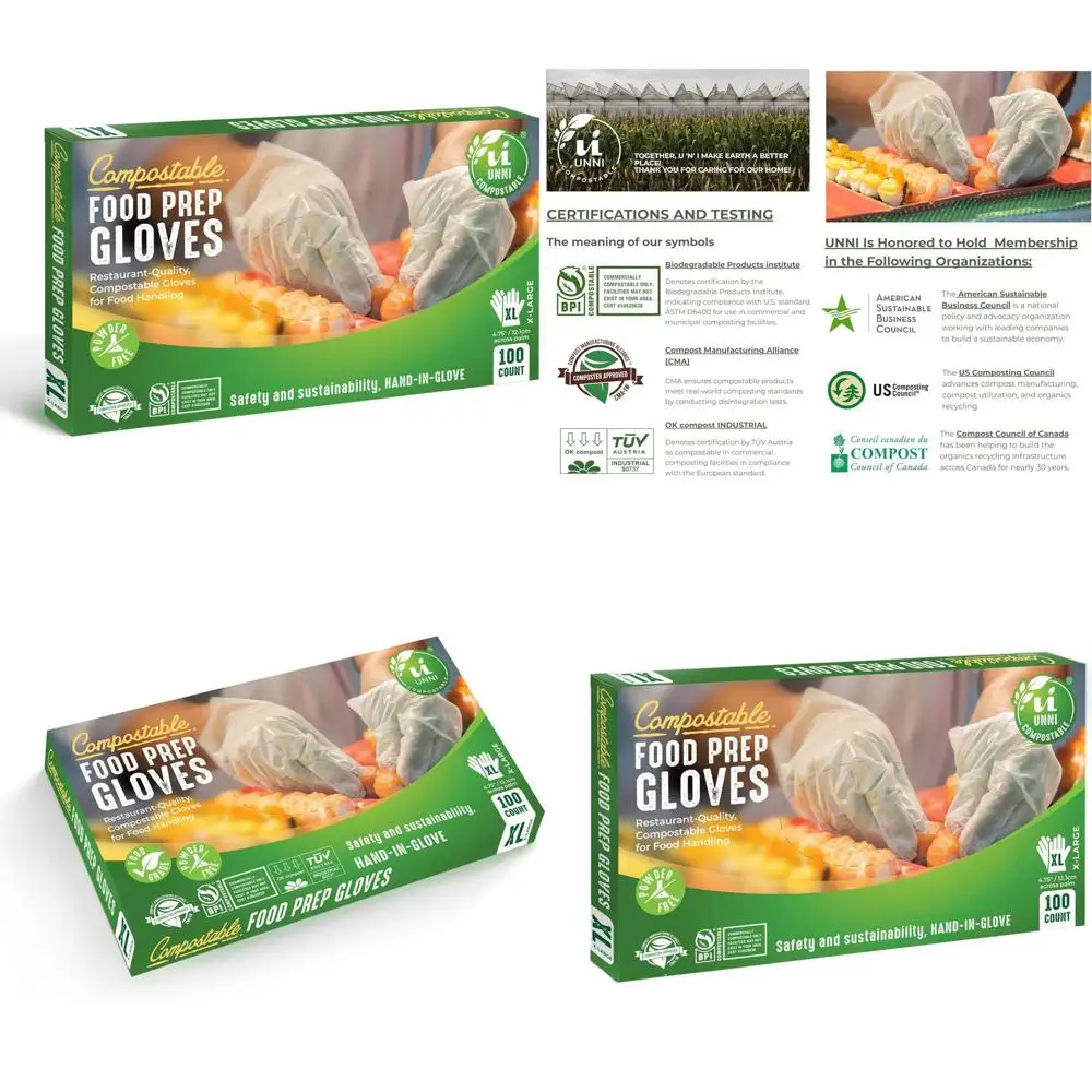 

Компостируемые перчатки для приготовления пищи и работы с продуктами, сертифицированные по стандартам BPI, CMA и европейским стандартам компостируемости для США.
