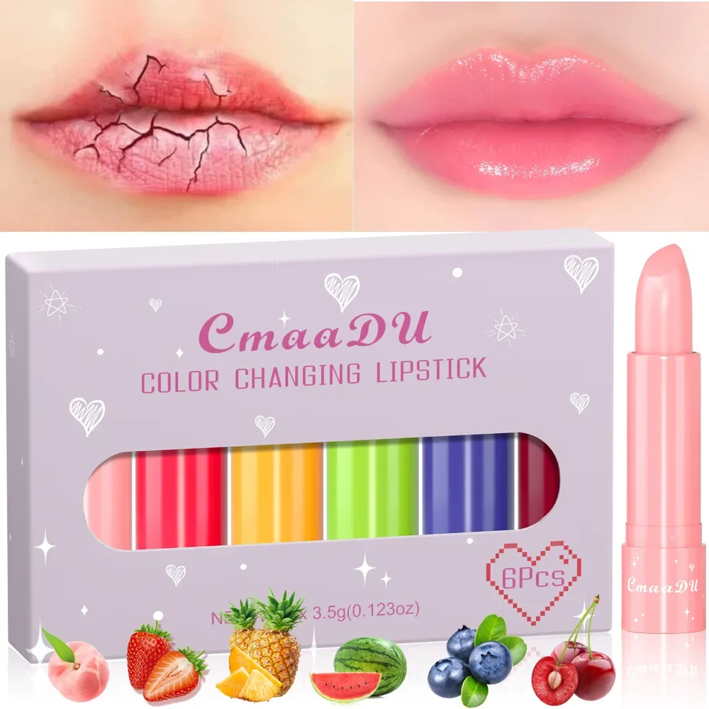 Cmaadu 6 pçs/set todos os tipos de pele frutado mudança de cor batom brilho labial maquiagem hidratante nutritivo sexy batom vermelho bálsamo