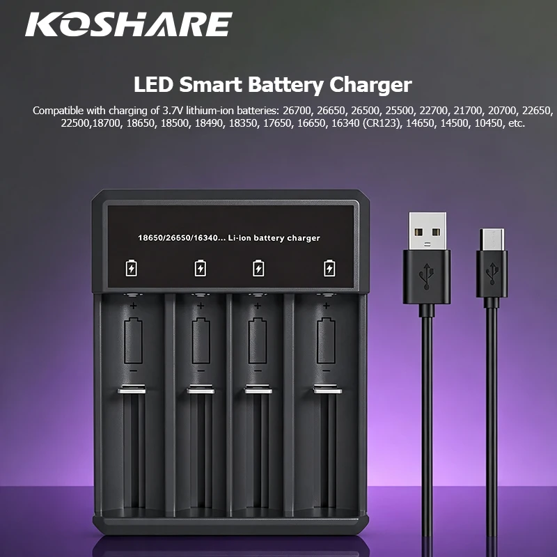 KOSHARE A402 4 Slots Smart Battery Charger With LED Display Type-C Fast Charging For 3.7V 18650 Li-ion Rechargeable Batteries
