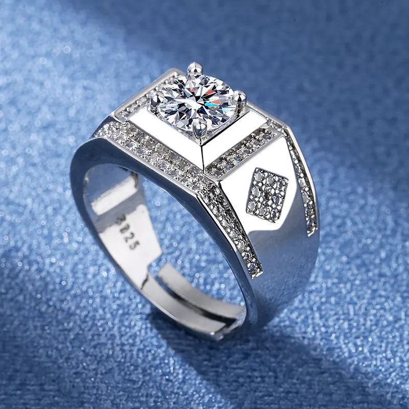 S925 Silver Mens Ring with Full Sky Star Moissanite Personalized Boyfriend Ring Hexagonal Octagonal Quadrilateral Geometry