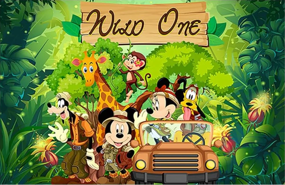 Green Wild One Backdrop for Mickey Safari Party Jungle Safari Photo Background for Mickey Theme Party Caketable Decorations