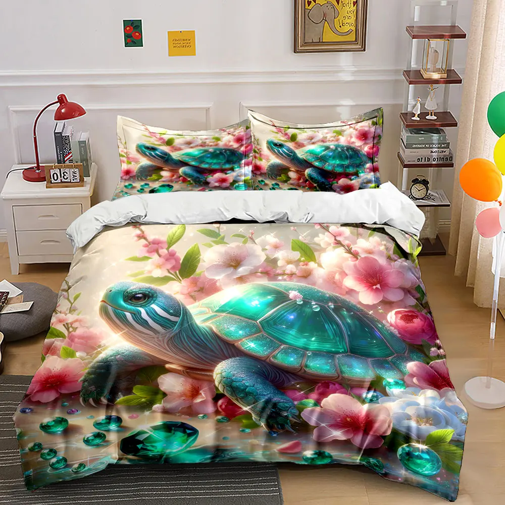 Sparkling Turtle with Vibrant Blossoms Bedding Set for Kids Luxury Gift 3pcs Digital Print Comforter Set Soft Comfortable