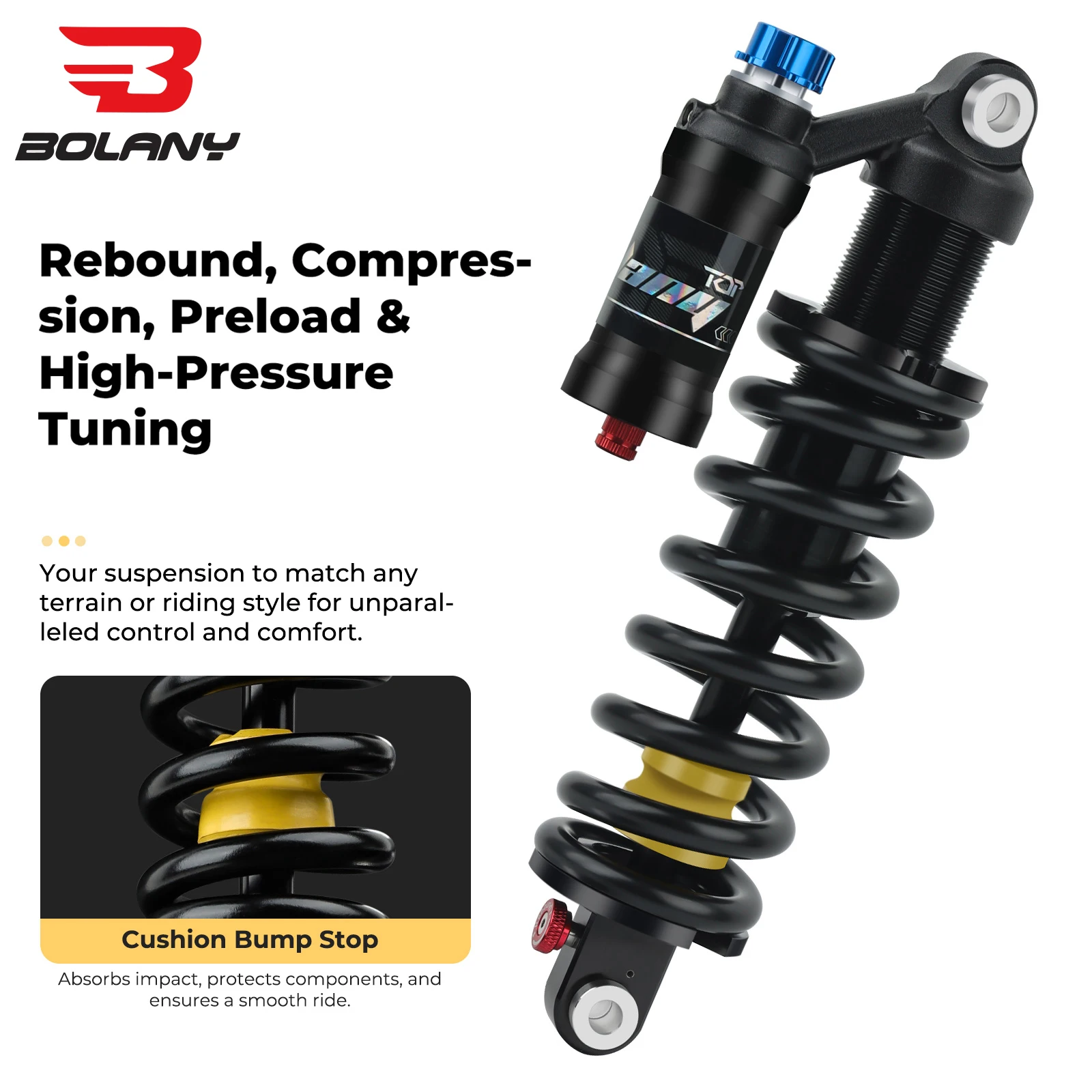 BOLANY Air Rear Shock Absorber for Downhill MTB 190/210/230mm Air Spring 550lbs Adjustable Compression Rebound Suspension