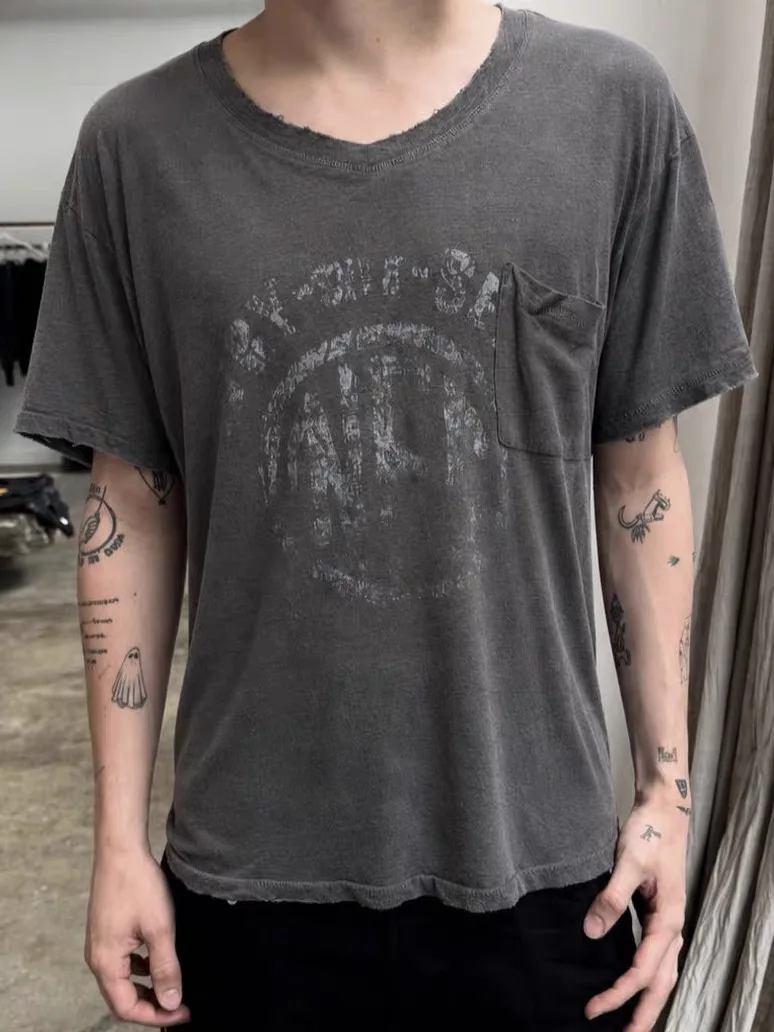 Nofaith Vintage Tee, Slubby Linen-Cotton Blend in Retro Taupe Brown-Grey, V-Neck Pocket Distressed Print Short Sleeve