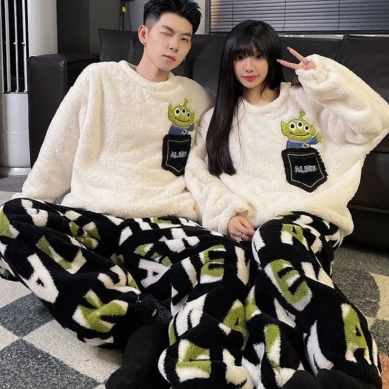 New Disney Alien Cartoon Anime Movie Character Kawaii Plush Warm Couple Pajamas Cute Creative Kawaii Thickened Home Clothes Set