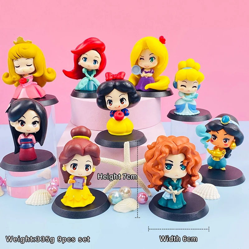 9pcs Disney Princess Anime Figures Set Mermaid Snow White Cinderella Q Version Model Dolls Collection Toys Girls Gift Decoration