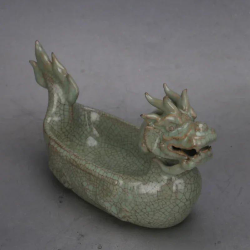 Vintage Ru Kiln Blue Glazed pen washed inkstone with Dragon Sculpture - Traditional Chinese Ceramic Artwork, Study Desk Decor