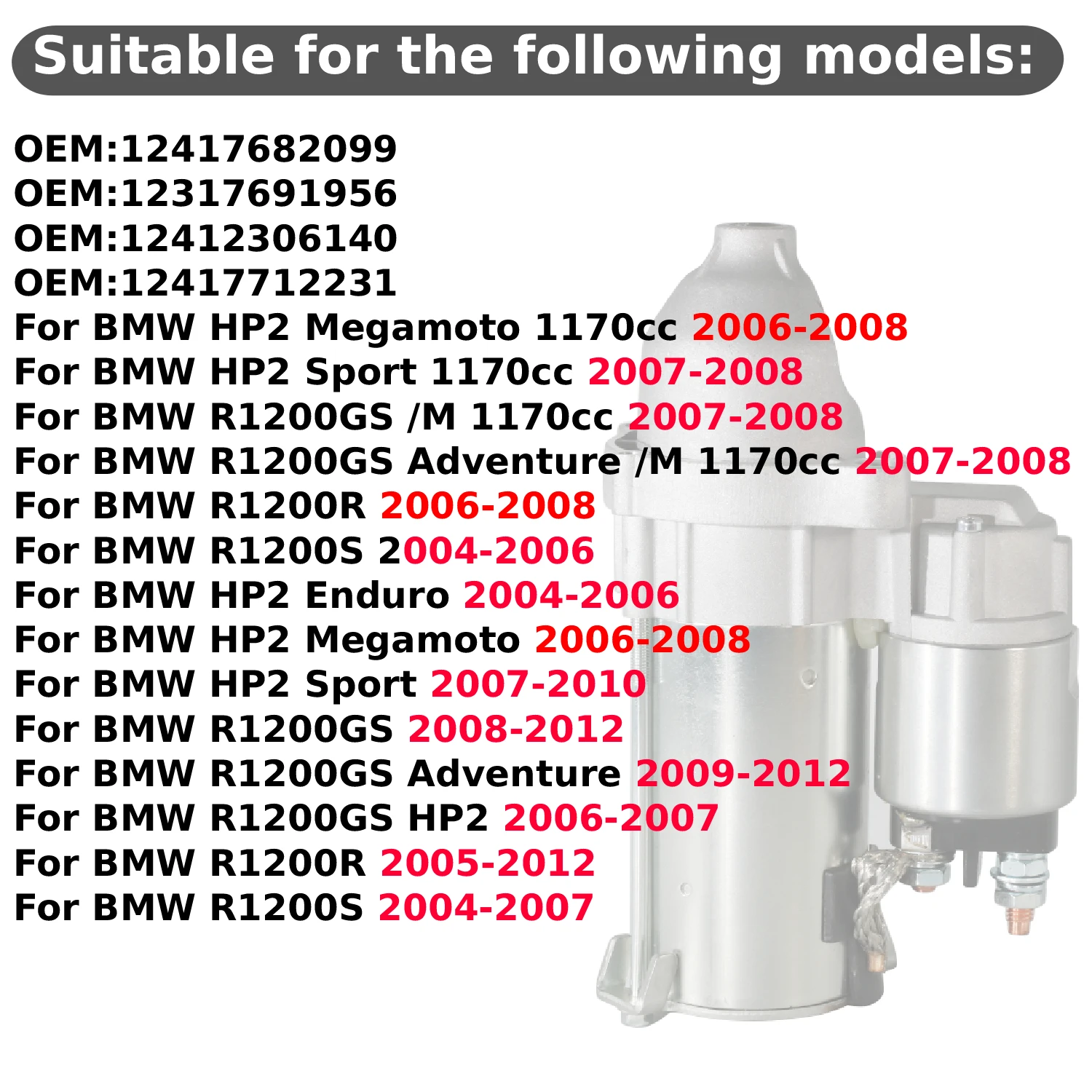 For BMW HP2 1170cc R1200GS R1200R R1200S Adventure, OEM:12417682099/12317691956/12412306140/12417712231 Motorcycle Starter Motor