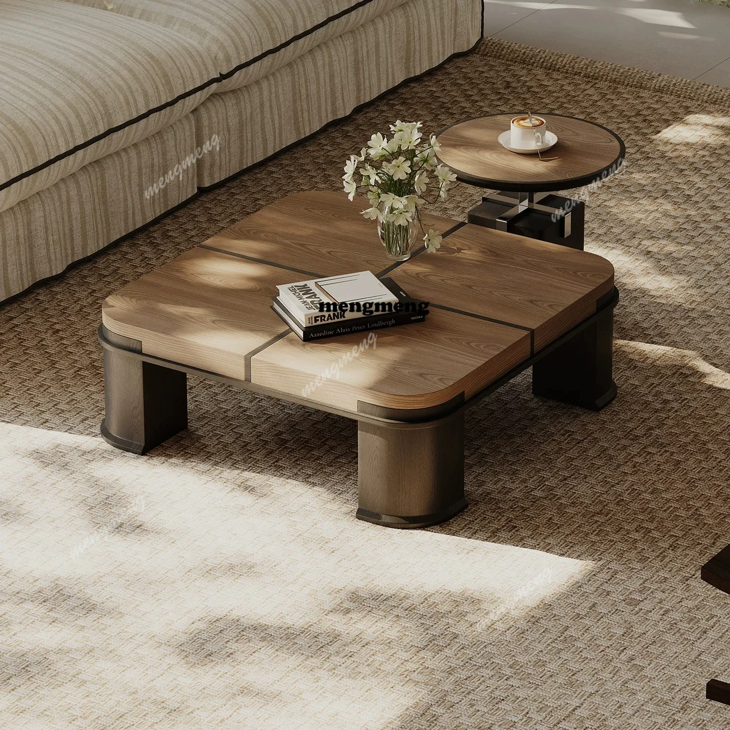 Medieval style square coffee table combination walnut leather living room home designer wabi sandy wind advanced sense