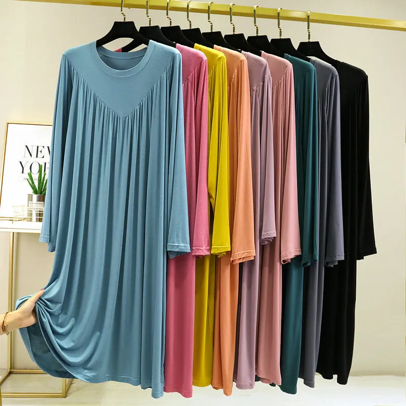 

Modal V-neck draped Dress Long sleeves Casual Loose Pleated sleepdress solid color women's nightdress homewear dresses