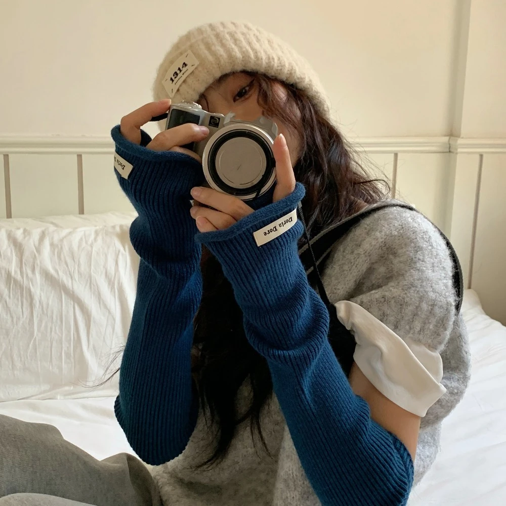 Hand Covers Korean Style Knitted Warm Sleeves Hole Solid Color Woolen Arm Gloves Sweet Elastic Long Fingerless Sleeves Cycling