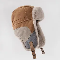 Russian Hat For Men Earflap Pilot Hat Winter Korean Splicing Faux Rabbit Ushak Bomber Trapper Thickened Warm Cap Women's Ski Cap