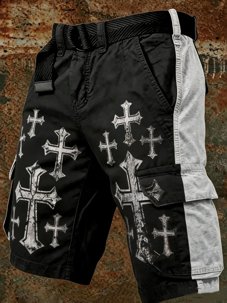 

Gothic Punk Cargo Shorts Men Black Grey Contrast Panel Cross Print Loose Fit Baggy Pants Hip Hop Streetwear Shorts