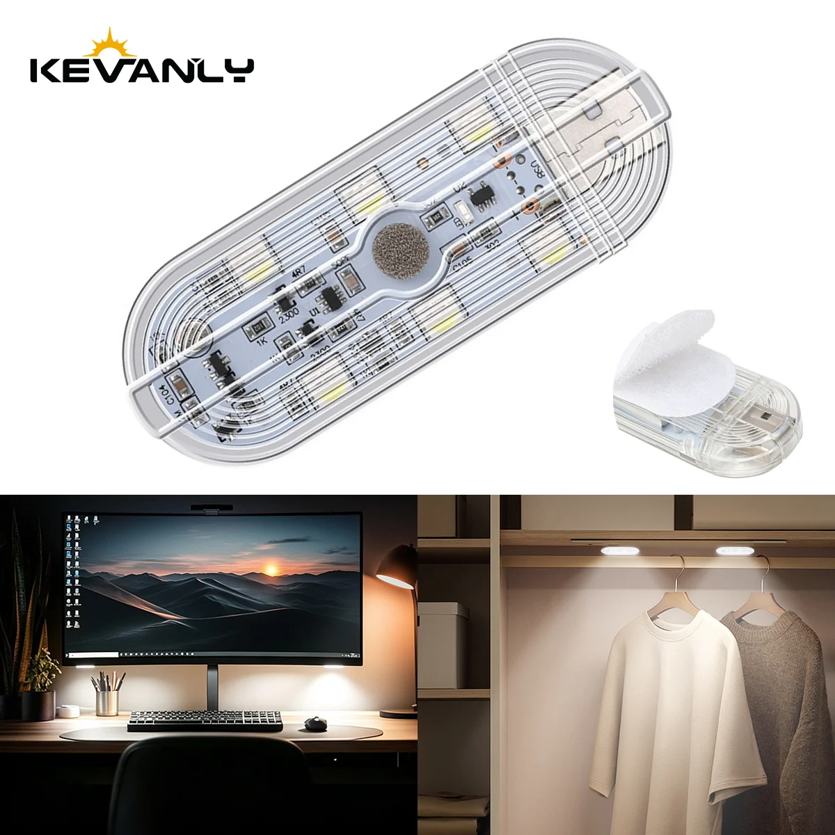 1pc LED Touch Ambient Light USB Rechargeable Velcro Wireless Wardrobe Cabinet Desk Balcony Car Storage Room Reading Night Light
