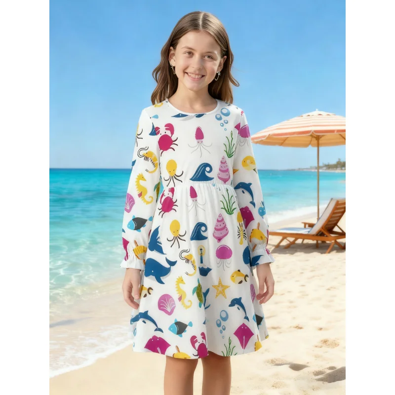 

2025 Kids Long Sleeve Dress - Cute Sea Animal Print Back Drop Collar, Casual Bohemian Beach Vacation Dress
