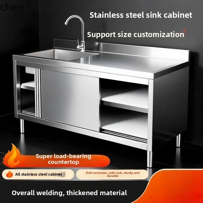 HT Stainless Steel Sliding Door Workbench Cabinet with Sink Platform Integrated Sink Stove Cabinet for Restaurant Commercial Use