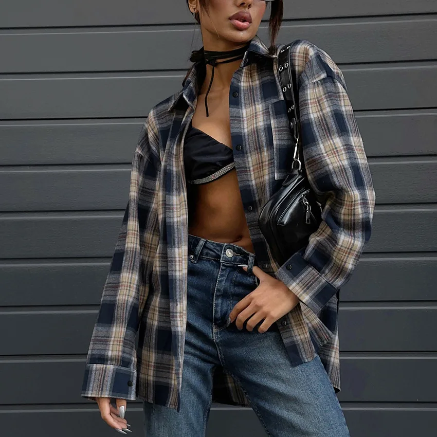 

Vintage Plaid Shirt Women Loose Streetwear Checkered Blouse Oversize Loose Mid Length Shirt Casual Long Sleeve Plaid Shirt