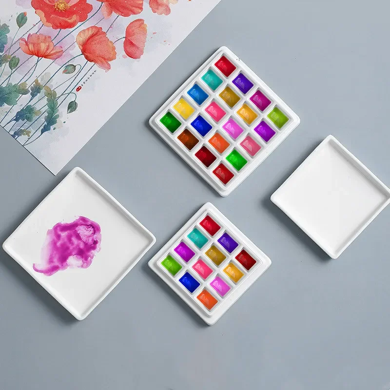 Square Ceramic Watercolor Palette With Lid Artist 12/20 Grids Color Mixing Paint Palette Tray For Painting Art Supplies