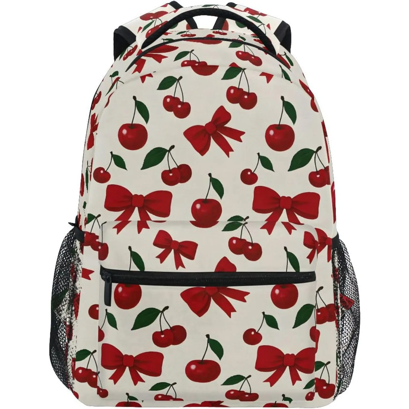

Red Cherry Bow Print Backpack Sweet Fruit Pattern School Bag Lightweight Casual Daypack For Girls Kids Students Travel Daily Use