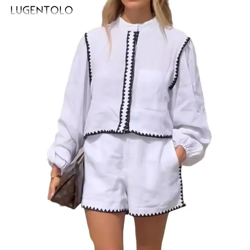 Women Casual Two-piece Set Elegant Contrast Embroidered Shirt Lantern Sleeve Tops High Waist Straight Shorts Fashion Party Wear