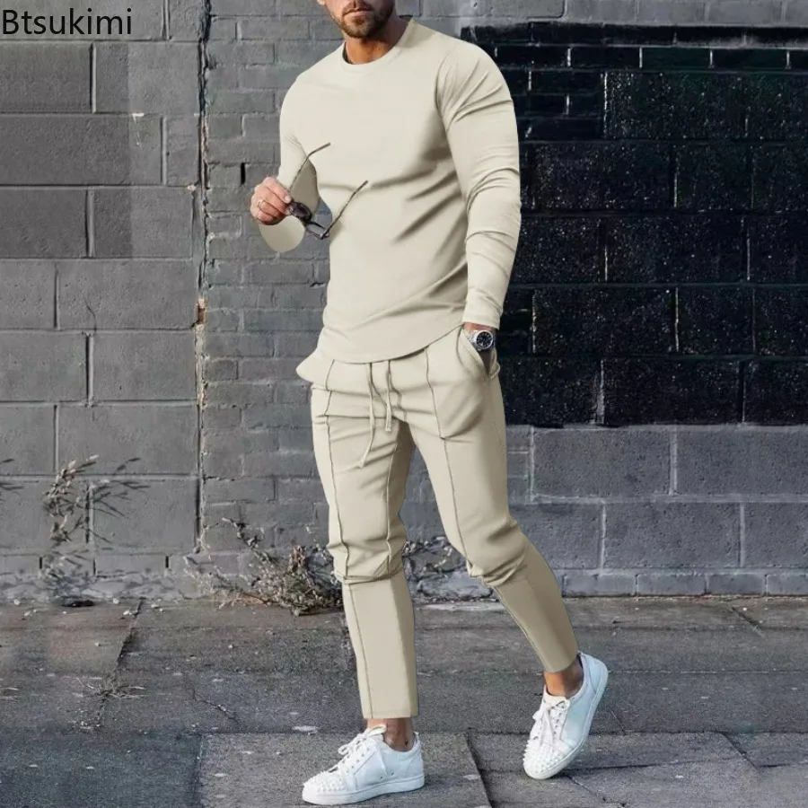 2025 Spring New Men\'s Casual Sport Two-pieces Fashion Solid Long Sleeve O-neck T-shirt and Sweatpants Suits Men Tracksuit Outfit