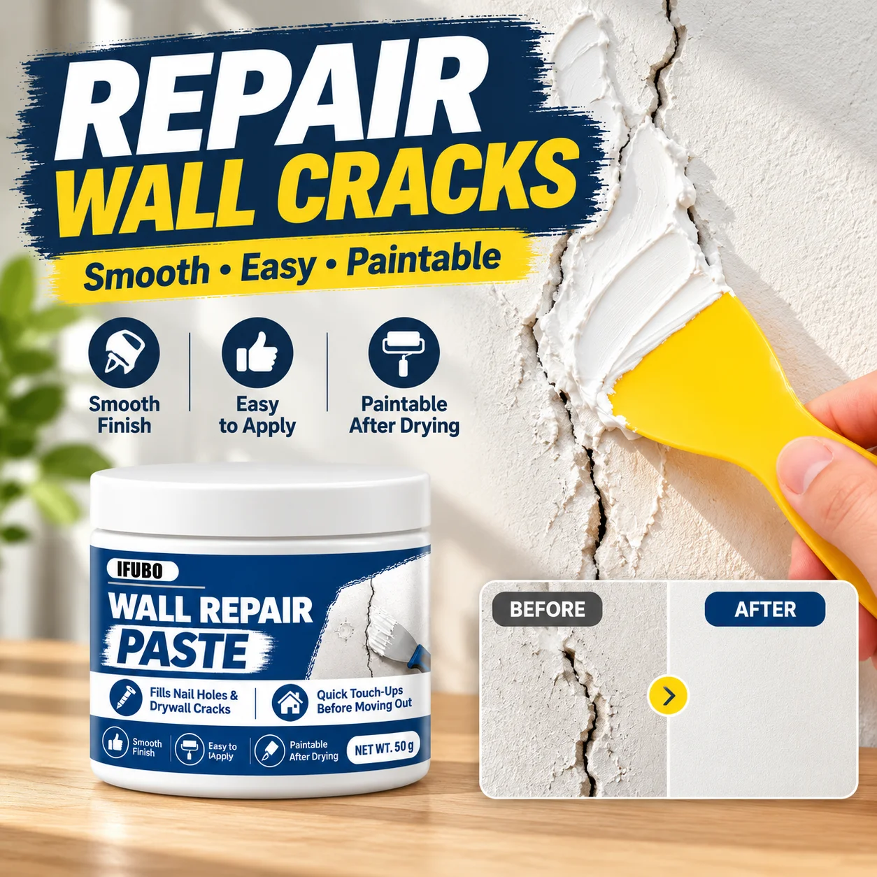 Wall Repair Paste Kit With Scraper For Home Wall Cracks Nail Holes Dents White Putty Filler Easy Apply Smooth Finish Quick Dry