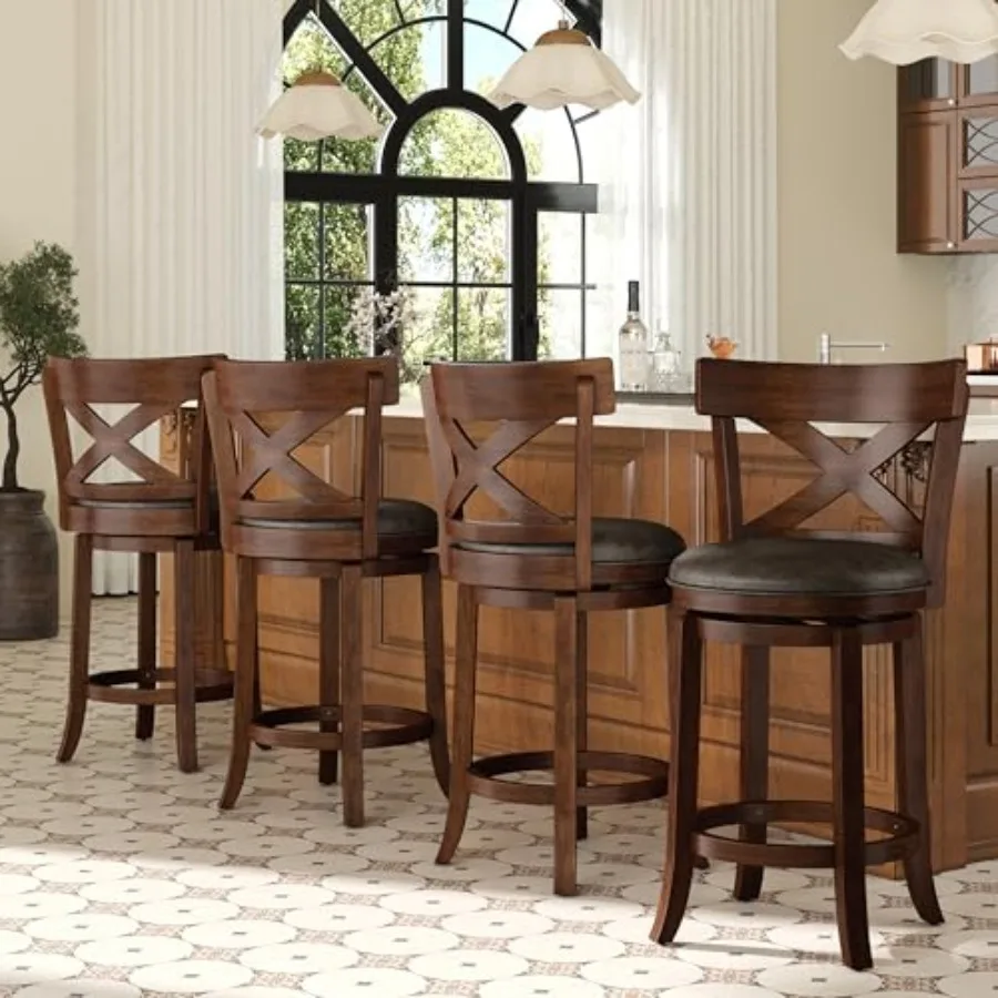 

26 inch Counter Height Bar Stools Set of 4, Swivel Bar Stools with Back, Wooden Bar Chairs Faux Leather Kitchen Counter Stools