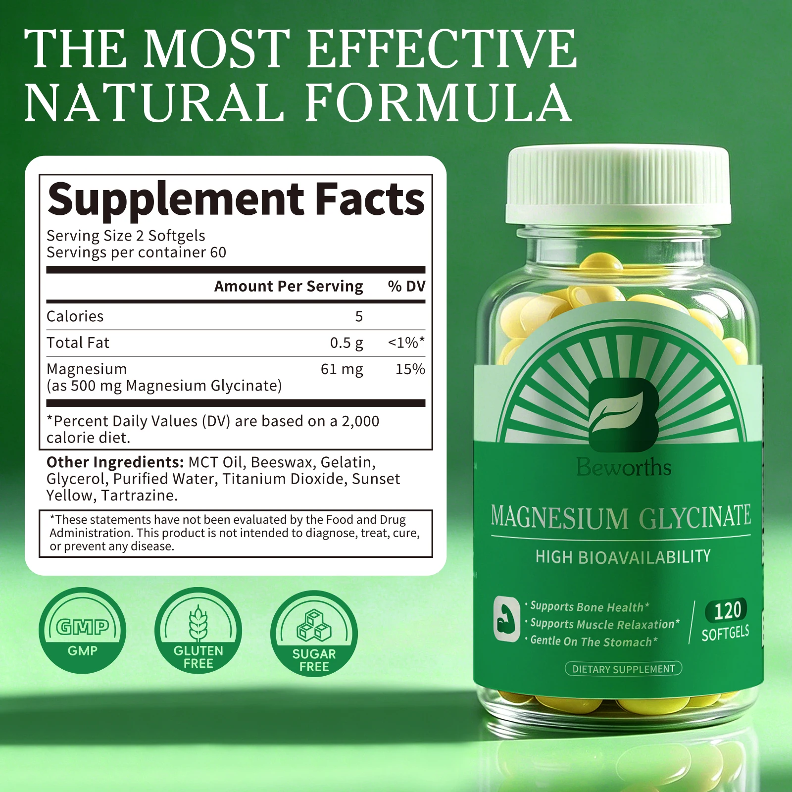 BEWORTHS 500mg Magnesium Capsules Muscle Comfort Structural Strength Daily Calm Restful Sleep Support GLUTEN FREE SUGAR FREE