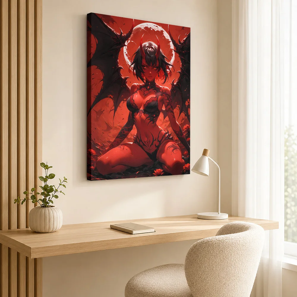 Red Devil Woman with Wings Framed Canvas Poster Custom Photo Dark Anime Wall Art for Bedroom Decor Ready to Hang Gift for Fans