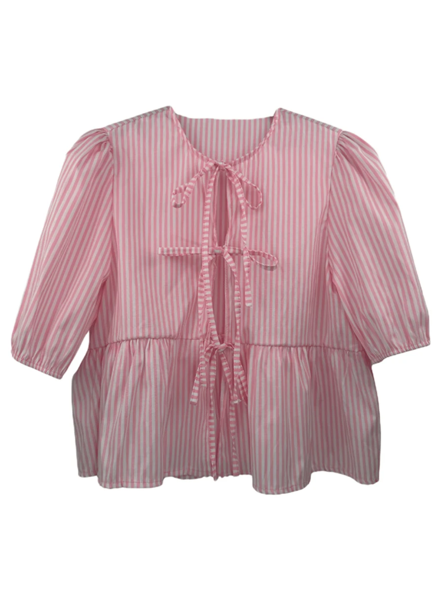 Women Bow Tie-Up Front Tops Plaid/Striped Peplum Babydoll Blouse Half Puff Sleeve Crew Neck Lace Up Casual Shirt for Daily Life