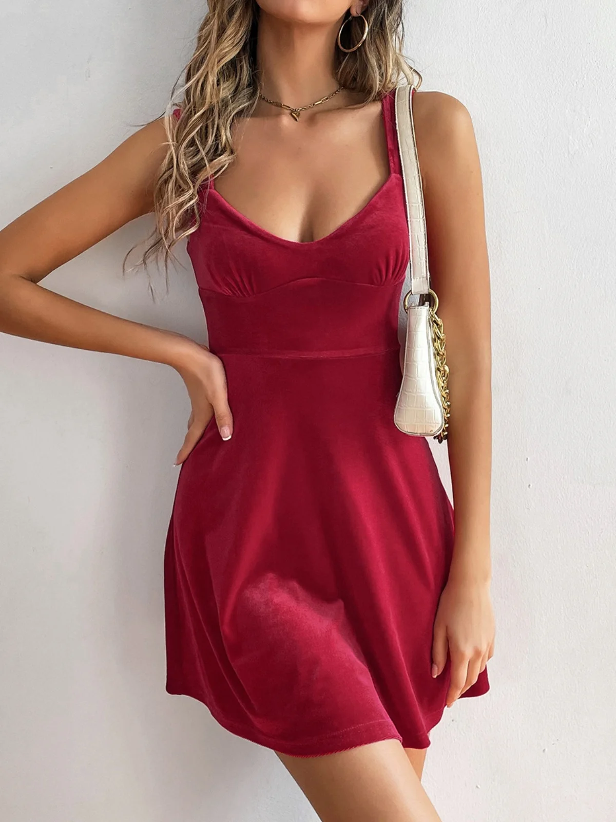 

Velvet ter V-Ne Flared Skirt ort Skirt with Lace Trim Sexy High Waist Polyester Fiber Pure Color Spring Summer Dr