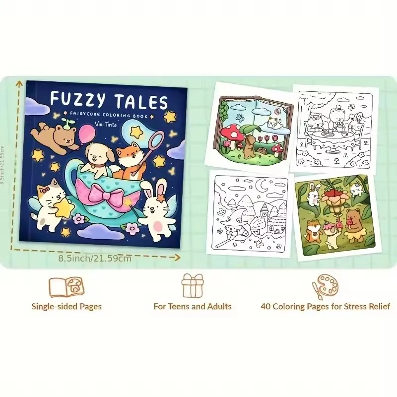 Книжка-раскраска Fuzzy Tales Fairycore для взрослых и подростков с очаровательными персонажами животных, раскраска «Нечеткие друзья»