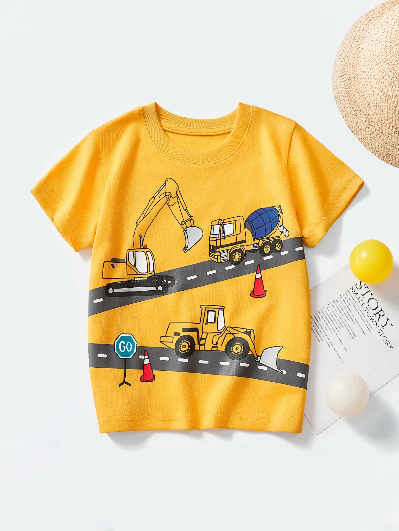 Summer Little Boy Cotton Short Sleeved T-Shirt Kid Cartoon Excavator Print Clothes Child Go To School Play Party Fashion Clothes