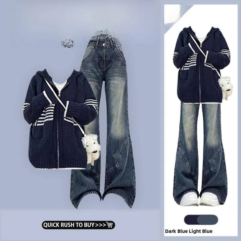 

Retro Striped Knit Sweater Jaet Women's Autumn Winter Denim Hooded Top American Vibe Set with Retro Jeans Long Sve Zipper