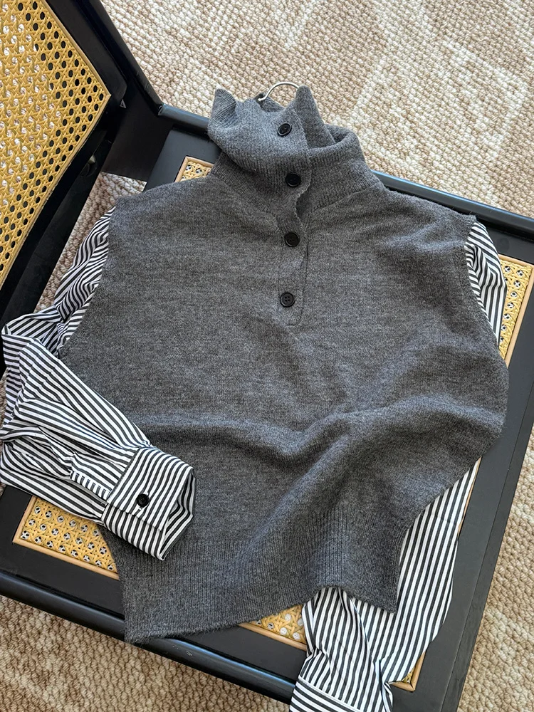 

Цветной свитер с высоким воротником, теплый зимний, повседневный, для ношения как под одеждой, так и поверх, в полоску, с подкладкой, с длинными рукавами, прямого кроя.