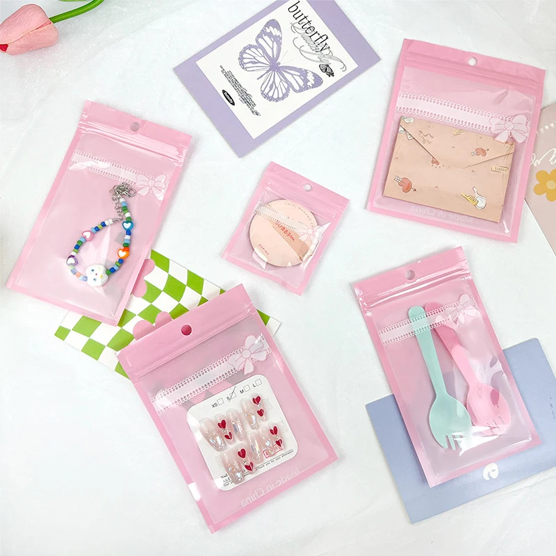 20 Pcs Cute Girl Heart Pink Bow Self-sealing Bags, Powder Puff Cosmetic Packaging Bags ,Antioxidant Jewelry Plastic Ziplock Bags