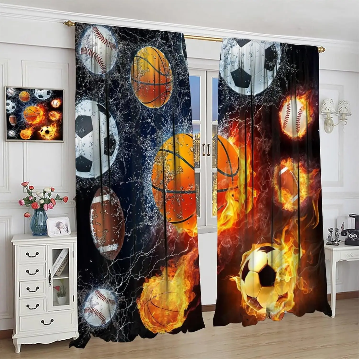 Sports Decor Window Curtains,Fire Water Soccer Basketball Baseball Print Window Drapes,Kids Boys Teen Men Living Room Bedroom