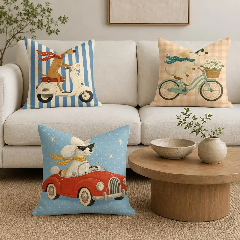 Retro Dog Art Cushion Cover Organic Linen Throw Pillow Cover - Double-Sided Print Breathable Cushion Case Home Decor
