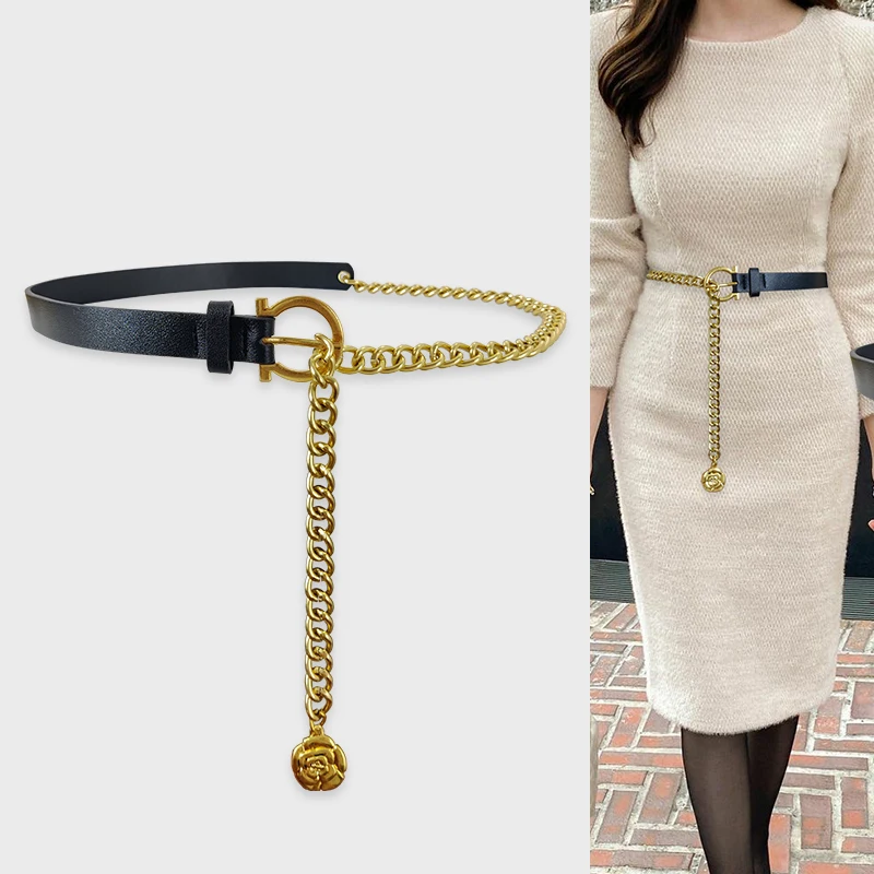 Gold Chain Belt Female Waist Punk Metal Waistband Long Designer Belts For Women High Quality Coat Dress Corset Flower Coin