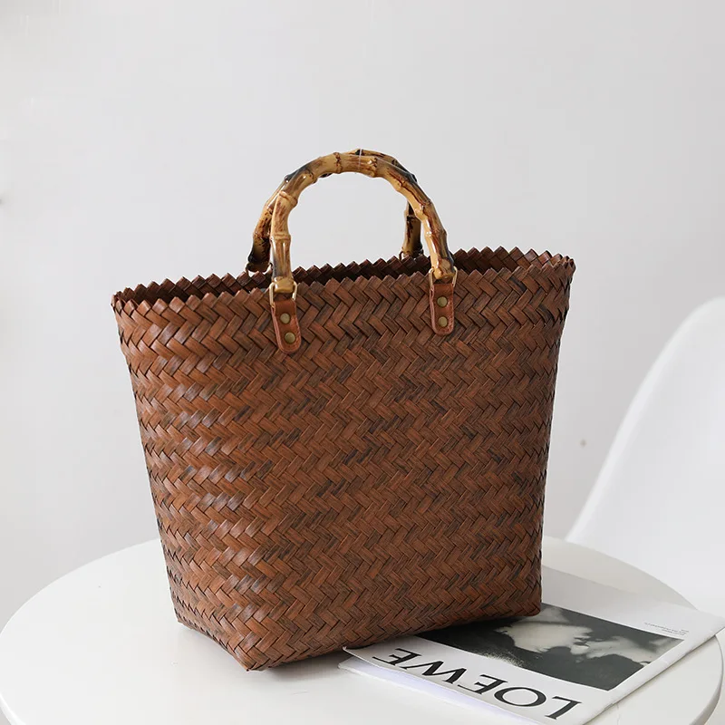 

Vintage Large Capacity Tote Bag All-Match Hand-Woven Straw Bag Women's Beach Shopping Vegetable Basket Handbag