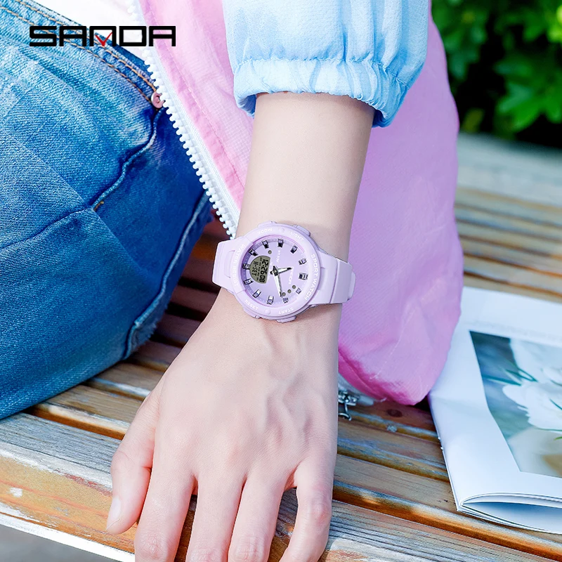 Sanda – montre de Sport de luxe pour femmes, étanche, multifonctionnelle, à Led, numérique, à Quartz, 6005