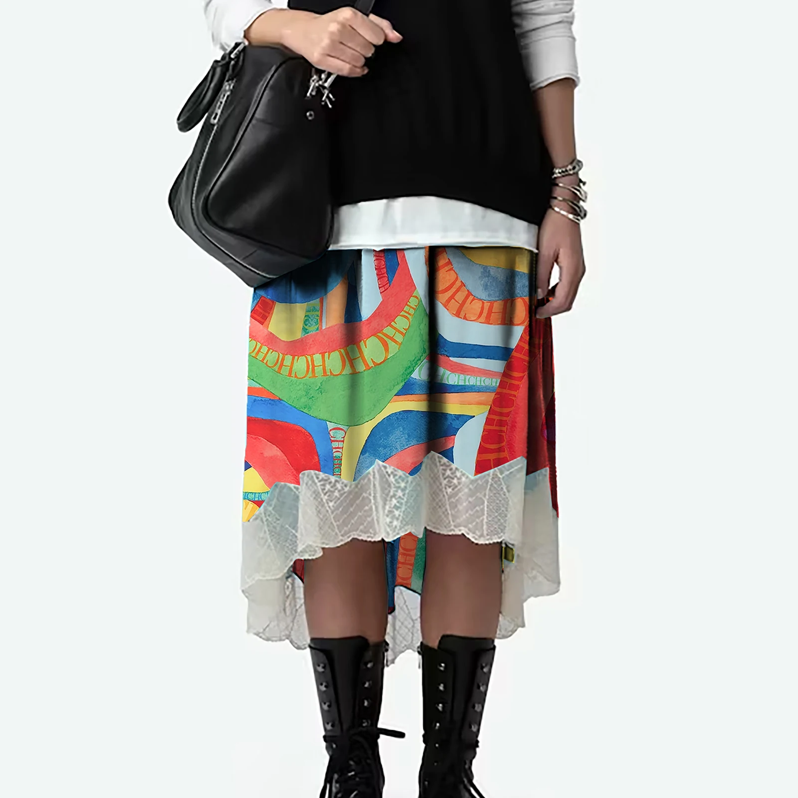 CHCH 2024 Summer New Print Retro Midi Half Skirt Women's Elegant Lace Lower Half Colored Printed Half Skirt