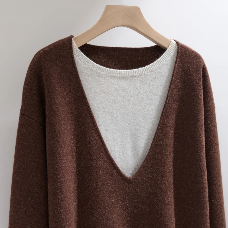 Autumn/Winter New Women's Cashmere Sweater Color blocked Double Collar Fake Two piece Knitted Sweater Autumn/Winter New