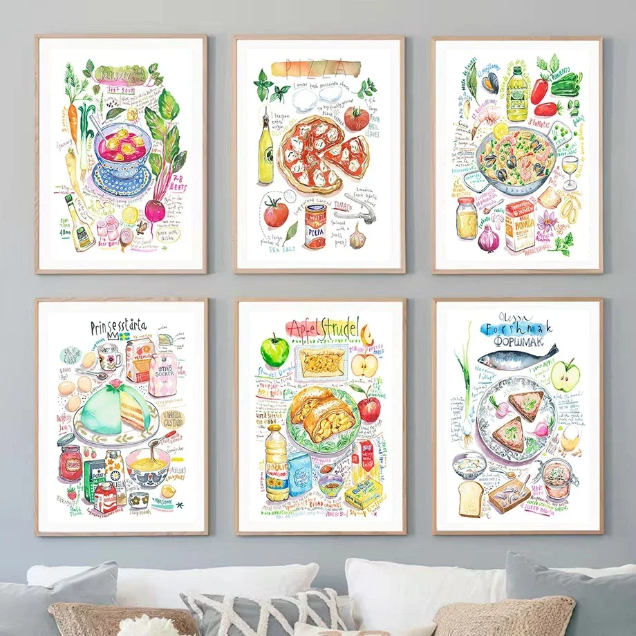 Recetas europeas, cocina italiana, ensalada de verduras, tomate, acuarela, arte de cocina, decoración de pared, póster en lienzo, pintura estética para habitación