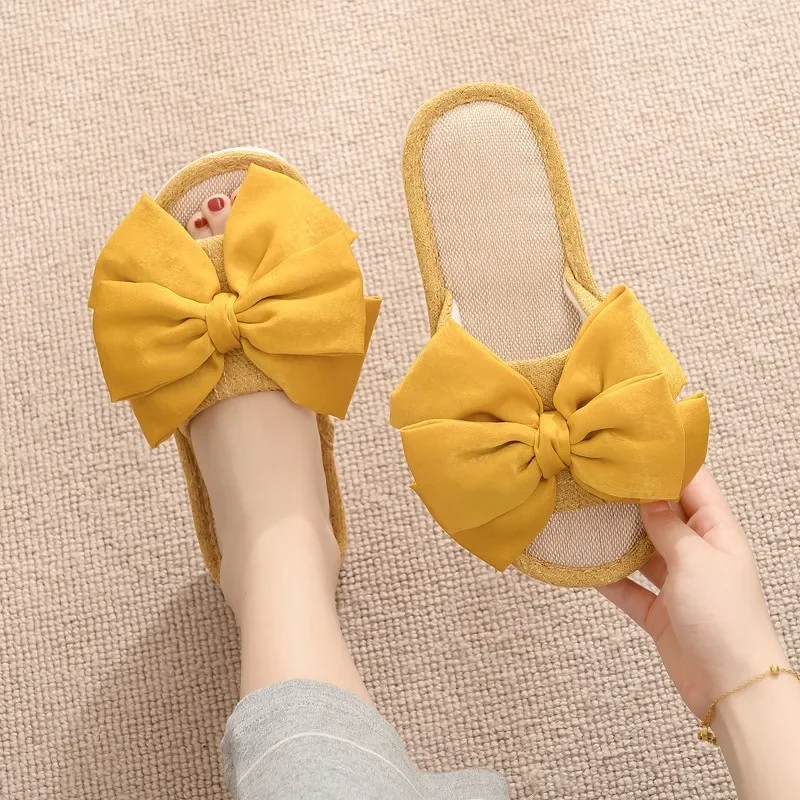 New 2024 Fashion Bow Linen Slippers Spring and Summer Indoor Open Toe Slippers Cotton Linen Women\'s Sandals