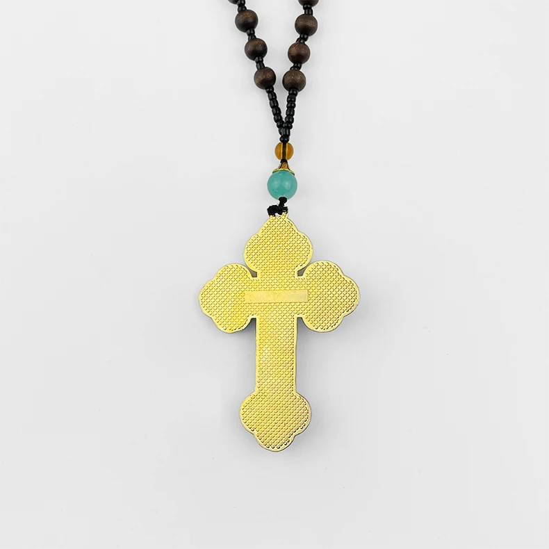 HTISOK Orthodoxes Kruzifix Goldkreuz-Halskette Holz-Rosenkranz Perlenkette Religiöser Jesus-Gebetsschmuck Religiöse Dekoration & Geschenk – Detail 3