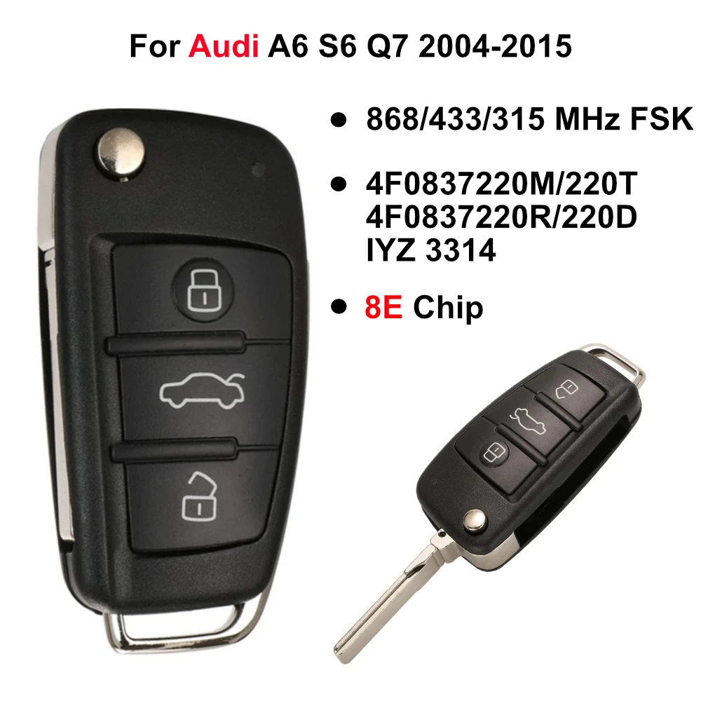 3 Buttons Remote Fob Flip Key 315/434/868 MHz 8E Chip For Audi A6 Q7 S6 2006 -2015