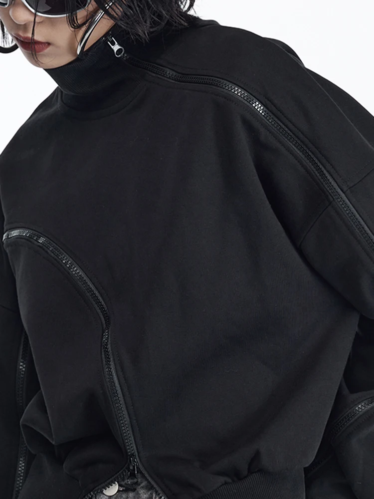 TWOTWINSTYLE Solid Pullover Streetwear Sweatshirts For Women Tuntleneck Long Sleeve Patchwork Zipper Sweatshirt Female Fahion