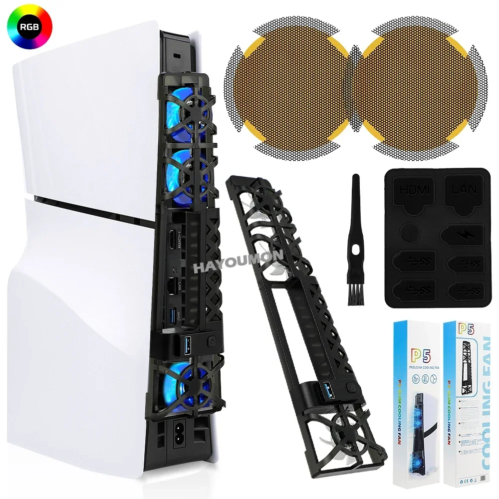 

Вентилятор охлаждения для PS5 Slim PRO, 3 уровня мощности, светодиодная подсветка, USB 3.0 хабы, система охлаждения, пылезащитная сетка и заглушки для консолей PS5 PRO/SLIM